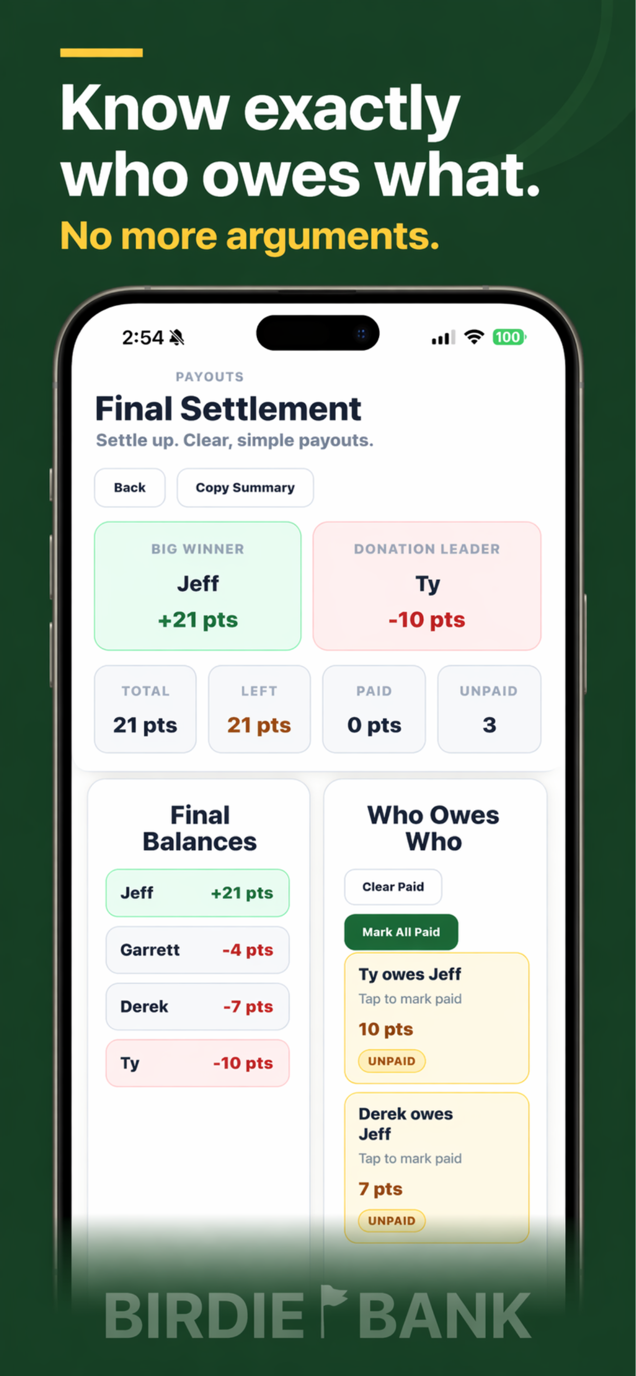 Settlement screen